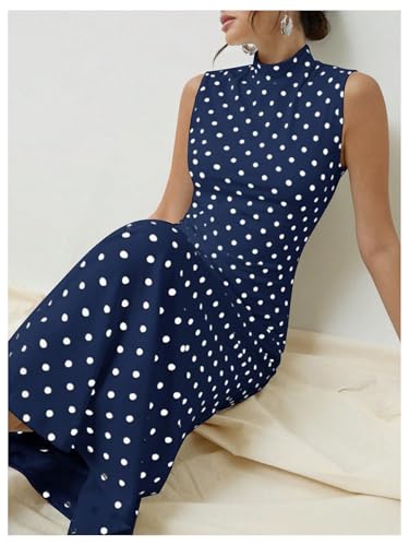 Image of Milumia Women's Polka Dots Maxi Tank Dress Vintage Mock Neck Sleeveless Elegant Long Dresses