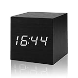 PerryLee Wood Wooden Cube Digital LED Light Desk Travel Mute Alarm Clock USB/AAA Timer Temperature Snooze Voice Sound Control