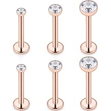 SCERRING 3 Pairs 14g Stainless Steel Jeweled Clear CZ Internally Threaded Labret Monroe Lip Tragus Cartilage Helix Earring Ring Body Piercing Jewelry 6-10mm