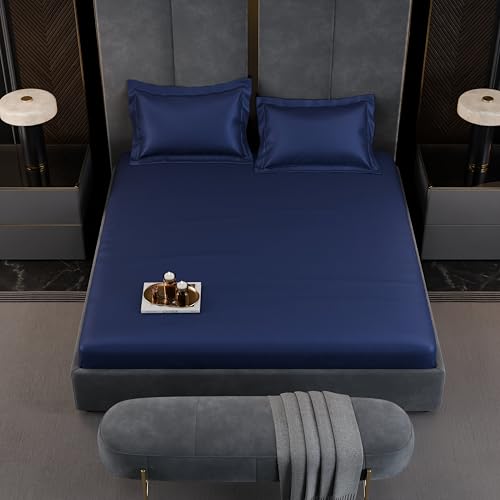 Image of Stoa Paris 350TC Luxstre Cotton Double Fitted Bedding Set with 2 Pillow Covers, All-Around Elastic Fitted Bedsheet 152cm x 198cm + 30cm Drop, All Season Comfort, Breathable, Panache - Navy