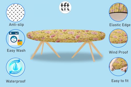 Image of The Furnishing Tree Elastic Cotton Oval Dining Table Cover 35x63 in Inches Floral Pink Rose on Yellow Base