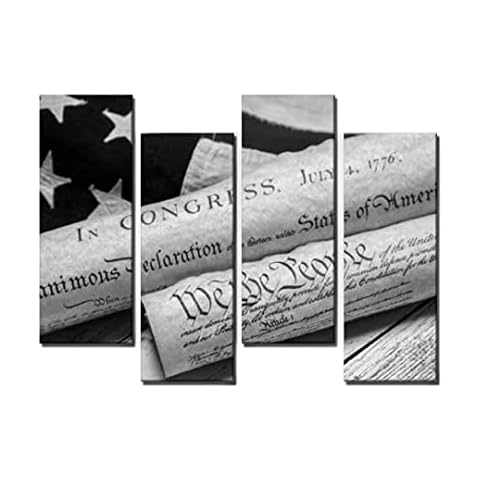 Black and White Canvas Wall Art for Living room U S Constitution and Declaration of Independence on American Flag 4 Panels Decor d Ready to Hang for Home Bathroom Kitchen Office Decoration Cover
