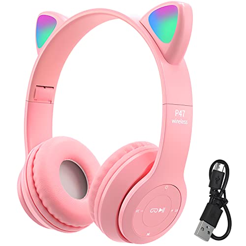 Retoo Kopfhörer Katzenohren, Bluetooth für Kinder, Kabellos Kinderkopfhörer, Over Ear für Schule/Tisch/PC, Mädchen Over-Ear, Anime, Rosa