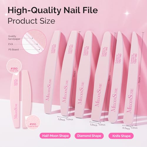 Image of MelodySusie 6Pcs Nail Files 100 /180 Grit, Double Sided Emery Boards Set for Acrylic, Gel and Natural Nails, Professional Manicure Pedicure Shaping Tools for Home Salon Care, Pink