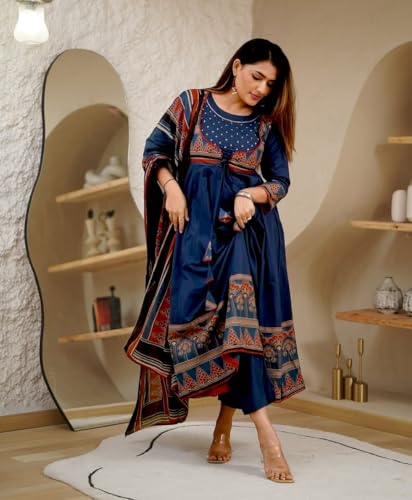 RangMahal Women's Cotton Print Anarkali Kurti Pant & Malmal Dupatta (Blue) (US, Alpha, Large, Regular, Regular, Blue)3