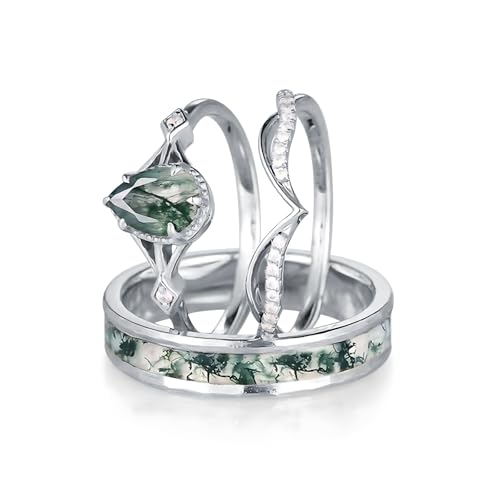 Natural Moss Agate Wedding Rings for Couple, 925 Sterling Silver 10K/14K/18K Gold Engagement Ring Sets for Him and Her, Customized 2pcs Green Anniversary Promise Bands for Men and Women 6
