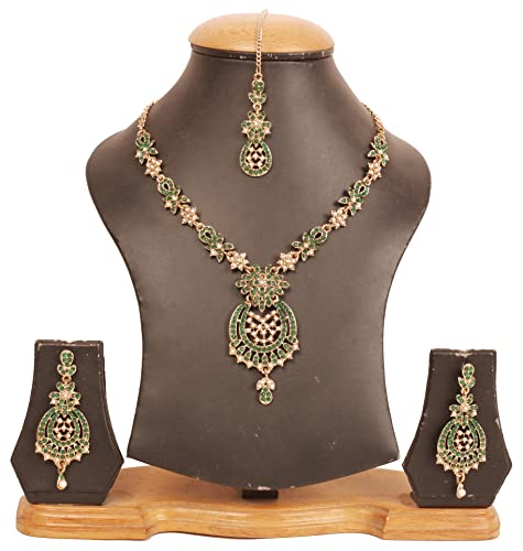 Touchstone New Indian Bollywood Trends Filigree Floral Pattern Sparkling Green Rhinestone Designer Jewelry Necklace Set Mangtika In Antique Gold Tone For Women. #TOP4
