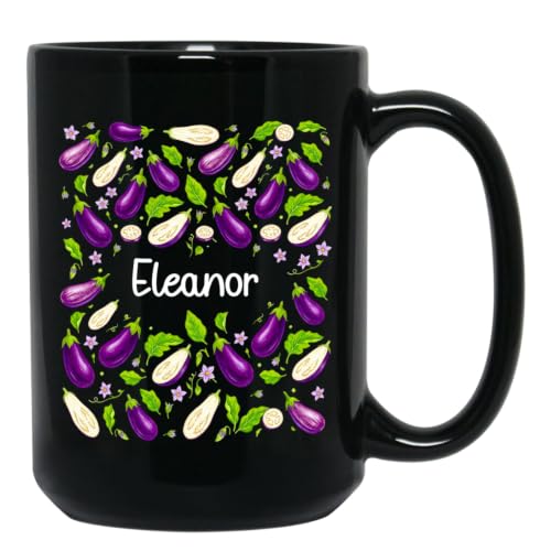 Personalized Eggplant Coffee Cup 11oz or 15oz, Eggplant Mug Gift for Coworker Friend Vegetarian, Vegetable Ceramic Mug for Women Men Brother Sister, Custom Vegetable Lovers Black Cup with Name