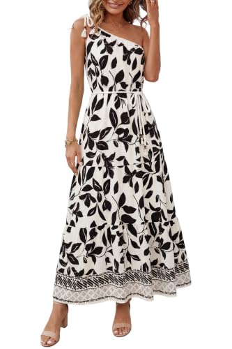 Glamaker Womens Summer One Shoulder Maxi Dress Casual Sleeveless Printed Flowy Boho Beach Long Sundresses Vacation Clothes Beige Black