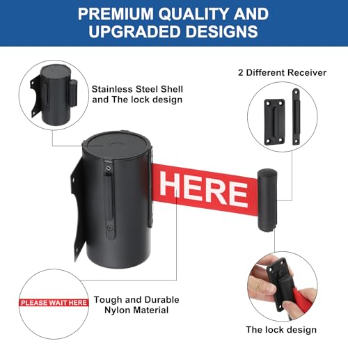 Barrière rétractable murale fixe en acier noir et rouge pour gestion des foules
