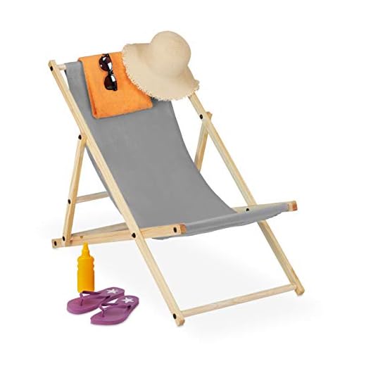 Relaxdays Fällbar solstol, trä och tyg, hopfällbar soffa för balkong, trädgård, strand, 3 liggplatser, solstol, grå