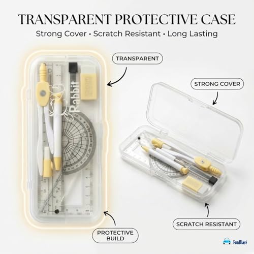 Image of FunBlast Rabbit Theme Compass Set - 7 Pcs Transparent Geometry Box with Protector, Set Squares, Ruler, Compasses, Ruler Set, Math Geometry Kit for Student & Professional (Yellow)