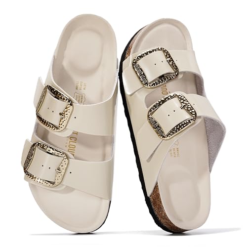 Image of Project Cloud 100% Genuine Leather Footbed Sandals for Women 2026 Comfortable Beach Essentials Womens Sandals Memory Foam Vacation Essentials Slides for Women Footwear (Santorini)