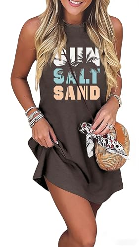 Image of Sun Salt Sand Coconut Tree Tank Mini Dress for Women Sleeveless Beach Praty Shirts Summer Vacation Short Mini Dresses
