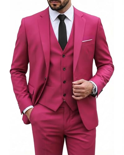 Image of MY'S Men's 3 Piece Suit Set with Tie, One Button Slim Fit Solid Jacket Vest Pants, Prom Party Wedding Business Suits for Men