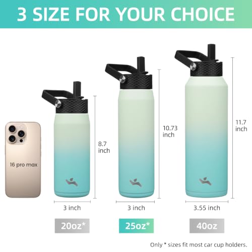 Image of Konokyo 25oz Insulated Stainless Steel Water Bottle with 3 Lids, Leakproof BPA-Free Bottle with Straw Lid, Sip Lid and Flex Cap for Gym, Travel, School, Office, Mint