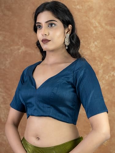 Image of FIGURE'S DESIGNER Women's Dupion Raw Silk Half Elbow Sleeves Sweetheart V Neck Sabyasachi Cut Readymade Saree Blouse S10
