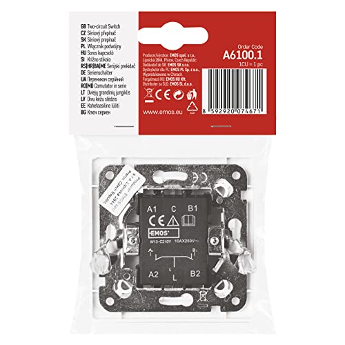 EMOS Serienschalter in Weiß (Glanz), Doppelschalter für Beleuchtung, 250 V~/10 AX, Doppel-Lichtschalter aus Kunststoff, ohne Unterputzdose, Schutzklasse IP20 für Innen