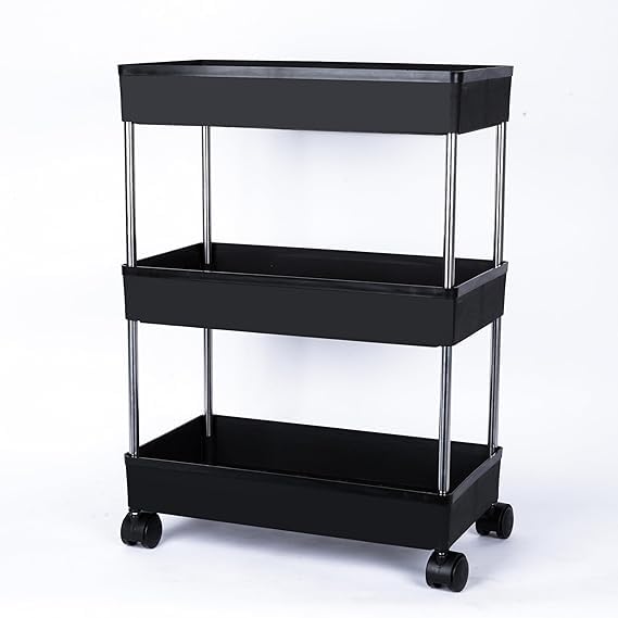 Image of Multipurpose 3-Tier Storage Shelf, Storage Rack with Wheels, Storage Organizer Cart for Kitchen, Pantry Closet, Bedroom, Bathroom(3 Layer, Black)