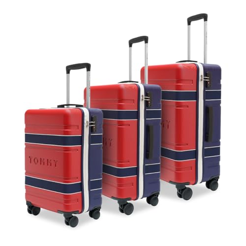 Image of Tommy Hilfiger Hard Luggage Set of 3 (Small, Mid and Large) Las-Vegas - Red & Navy | Check-in Trolley Bags with TSA Lock | 360 Spinner Wheels | Telescopic Handle | Hardshell PC Suitcase