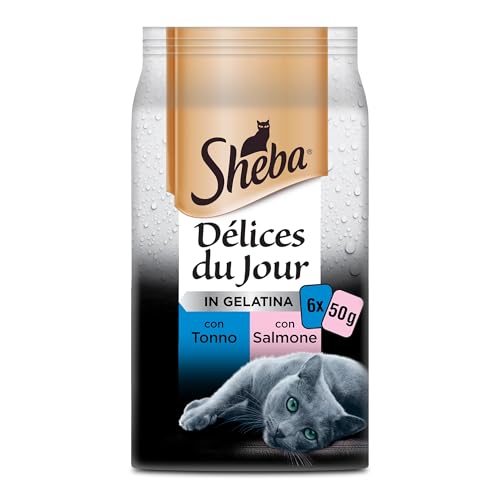 Sheba cibo umido per gatti con tonno, salmone, pesce bianco in gelatina 12*6x50g