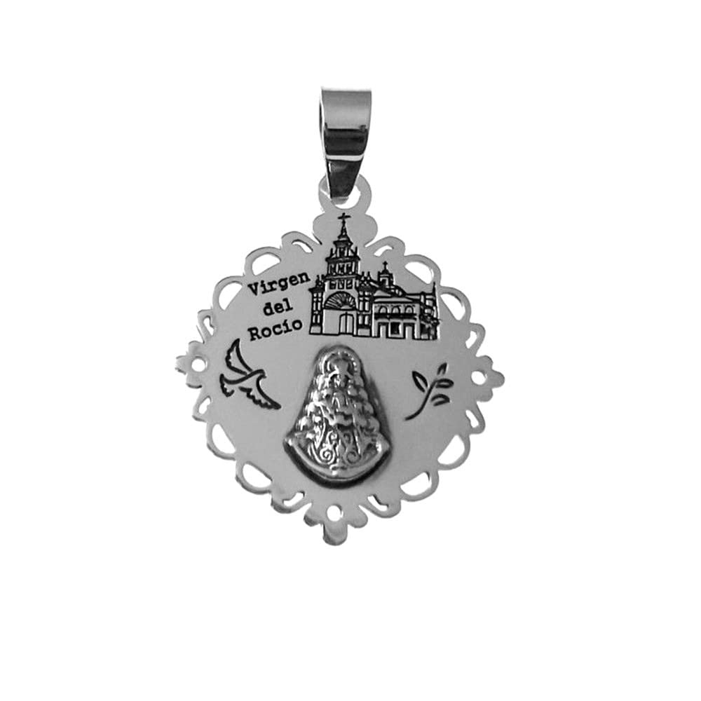 Virgen del Rocío colgante plata Ley 925m medalla 25mm. detalles tallados cerco calado - Personalizable - GRABACIÓN INCLUIDA EN EL PRECIO