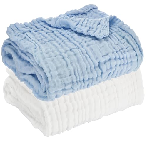Image of Aablexema Baby Muslin Bath Towels - Set of 2 Large Size 43X43 Inches Swaddle Blanket for Newborn Toddlers Boys Girls (White & Blue)