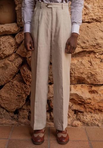 Linen Mens Pants Pleat Front Lightweight 4 Pockets Casucal Trousers4