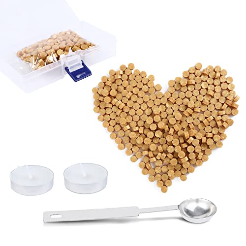 AiQInu 320 Pcs Perlas de Cera para Sellar, Varillas de Cera Octogonales, Kit de Cera para Sellar con 1 Cuchara de Fusión y 4 Velas, Barras Lacre de Cera para Letras Sellos Invitaciones Parcelas