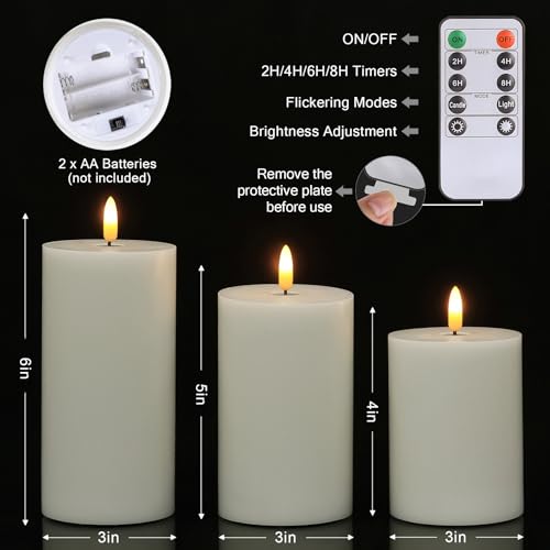 Image of Flickering Flameless Candles with Remote, Real Wax Battery Operated Candles with 10-Key Timer, Realistic 3D Wick White LED Candles for Party Home Wedding Holiday Festival, Gifts for Mom