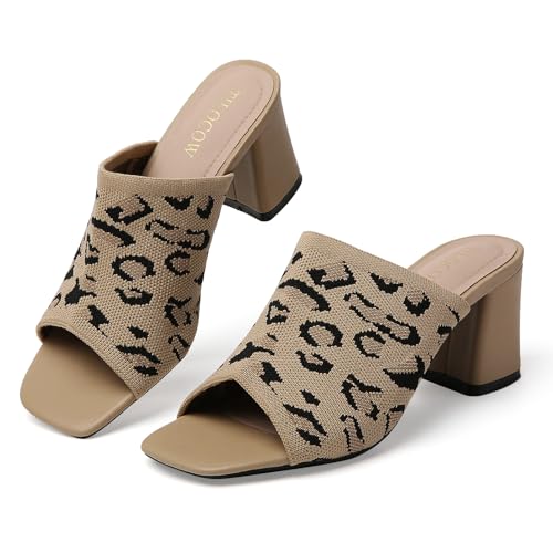 Image of Tilocow Knit Heeled Sandals for Women Square Open Toe Heeled Mules Chunky Block Low Heel Slip On Slides