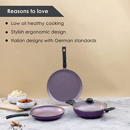 Wonderchef-Valencia-Non-Stick-Cookware-4-Piece-Set-Kadhai-with-Lid-Fry-Pan-Dosa-Tawa-Induction-Friendly-design-Cool-Touch-Bakelite-Handles-Pure-Grade-Aluminium-PFOA-Free-2-Years-Warranty-Purple