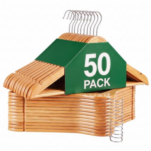 ZENY Wooden Hangers 50 Pack, Solid Wood Hanger with Non Slip Pant Bar