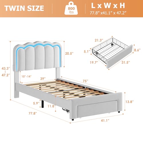 Twin Upholstered LED Bed Frame with Storage Drawer and Adjustable Chic Double Wavy Headboard, Velvet Prince Platform Bed for Boys/Kids, Solid Wood Slats Support, No Box Spring Needed, Grey