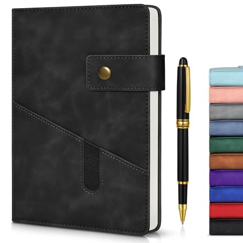 vfaejll Black A5 Lined Leather Journal Notebook for Men Women,5.9' X 8.4' Personalized Hardcover Journal with Pen,200 Pages 100 Gsm Thick Ruled Paper Daily Diary for School,Travel,Work,Writing