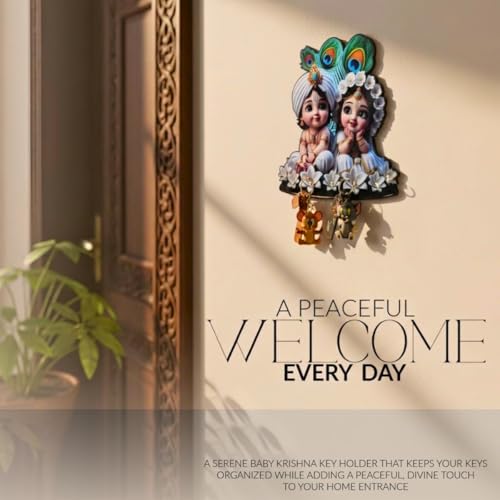 Image of Cute Radha and Krishna Wall-Mounted Key Holder, Decorative MDF Wood, 20x25 cm, 7 Hooks, UV Printed Design, Decorative Wooden Key Stand - Home & Office White & Black