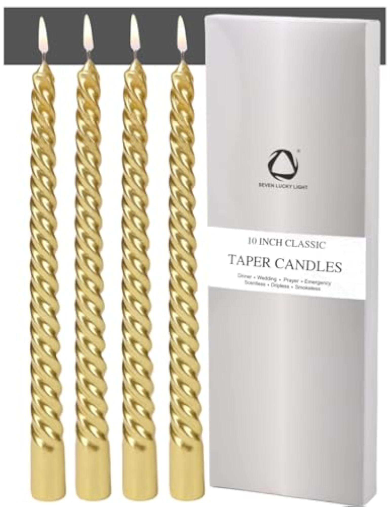 Gold Taper Candles, 10" Spiral Candlesticks, 4 Pack
