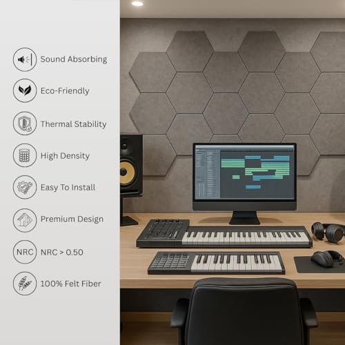 Image of MMT Acoustix HexaFelt Bevelled Acoustic Panels, Luxury Sound Absorbing Felt Wall Panels for Home, Office & Studios | VOC Free, 30x30 cm,| Pack of 7 | Pumice Colour