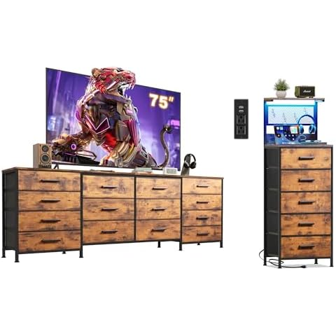 EKNKOZY 14 Drawer TV Stand and 5 Drawer Nightstand with LED Lights and Power Outlets Cover
