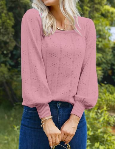 Image of HOTOUCH Sweaters for Women 2026 Fall Trendy Tops Casual Puff Sleeve Square Neck Cute Tunic Pullover Blouses XS-XXL