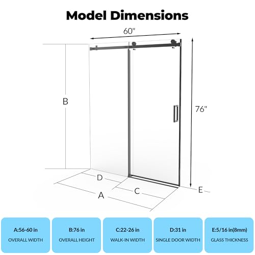 Image of GarveeTech 56-60 in W x 76 in H Shower Doors, Frameless Shower Door, Sliding Glass Door with 5 /16 in (8 mm) Clear Tempered Glass for Bathroom,Explosion-Proof Film,Handle and Seal Strip