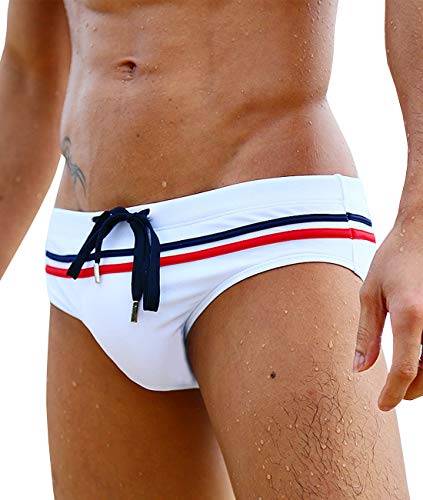 Mizok Mens Sexy Low-Rise Swim Briefs Solid Color Swimming Bikini Swimsuit (M, White) #TOP8