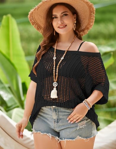 Alsol Lamesa Women's Plus Size Crochet Tops Short Sleeve Hollow Out Loose Scoop Neck Beach Crochet Cover Up 1X-5X2