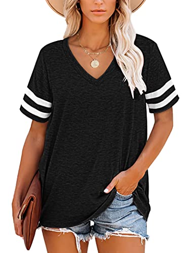 MOLERANI Womens Tops Short Sleeve V Neck Striped Summer T Shirts Casual Loose Tee Black Size 14-16