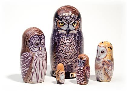 North American Owls 5 Piece Russian Wood Nesting Doll Matryoshka Stacking Dolls
