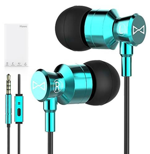 Marsno M1 Wired Metal in Ear Headphones, Noise Isolating Stereo Bass Earphones with Mic，Dynamic Drivers Provide Stereo & Crystal Clear Sound (Grey) (Blue)
