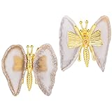 mookaitedecor Set of 2 Natural Color Agate Slice Butterfly Figurine, Crystal Stone Butterfly Wings Metal Stand for Home Table Decoration