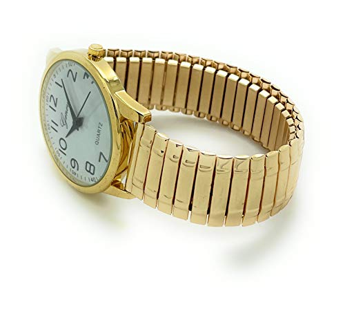 All4Udeals Mens Ladies Large Face Easy Read Numbers Stretch Elastic Band Fashion Watch White Dial (Gold) #TOP2