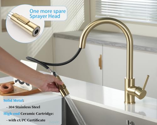 Image of Havin Gold Kitchen Faucet,High Arc Stainless Steel Material,with Pull Down Kitchen Sprayer,cUPC Cartridge,Without Deck Plate,Updating with Spare Sprayer and Soap Dispenser,Brushed Gold