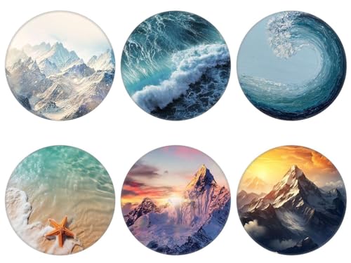 (6 Pack) Collapsible Cell Phone Grip for Smartphones,Mobile Expanding Cellphone Holder Kicktand for Phone and Case - Ocean and Moutain